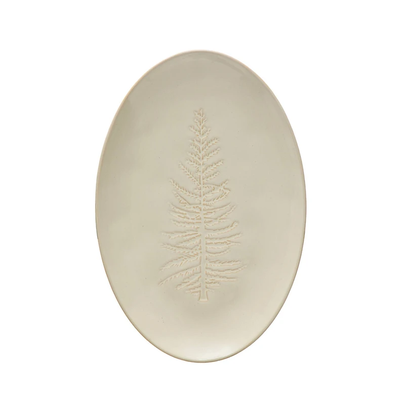 Hello Honey® 12" Wide White Oval Debossed Stoneware Platter with Tree Design