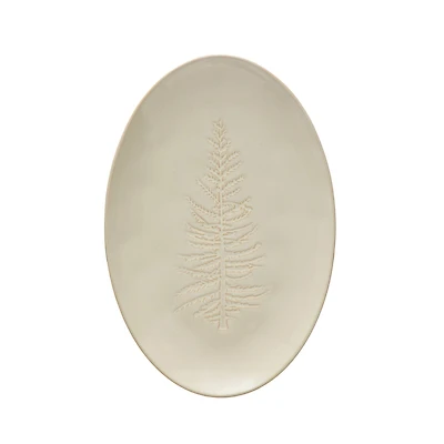 Hello Honey® 12" Wide White Oval Debossed Stoneware Platter with Tree Design