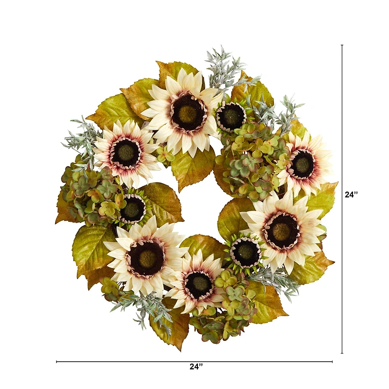 24" White Sunflower & Hydrangea Artificial Autumn Wreath