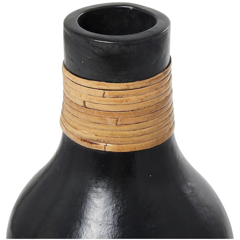 19" Black Ceramic Vase with Wrapped Rattan Detailing