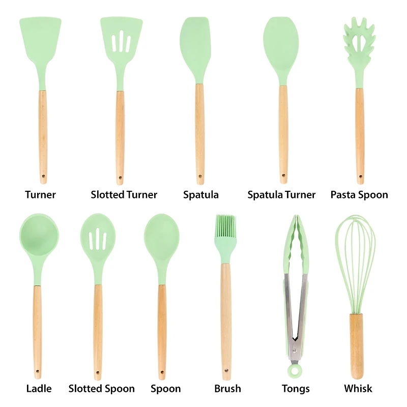 MegaChef Mint Green Silicone & Wood Cooking Utensils Set, 12ct.
