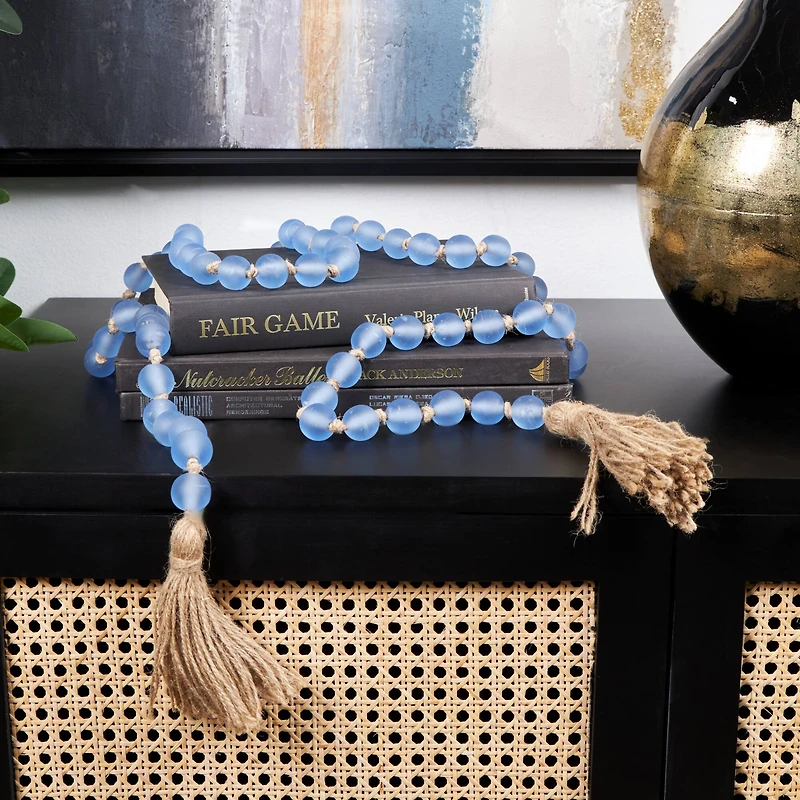 Light Blue Handmade Frosted Glass Beaded Garland with Tassel and Knotted Brown Jute