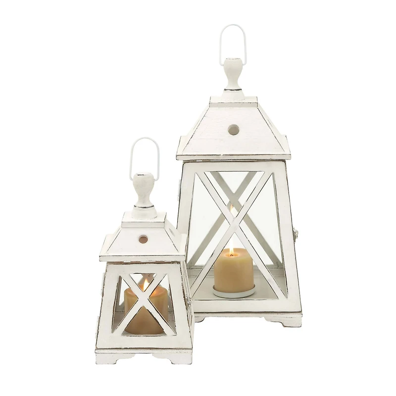 Set of 2" White Wood Coastal Lantern, 19", 12"