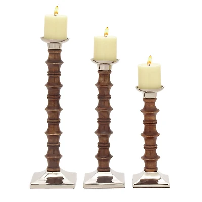 Brown Wood & Aluminum Pillar Candle Holder Set