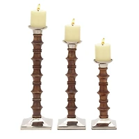 Brown Wood & Aluminum Pillar Candle Holder Set