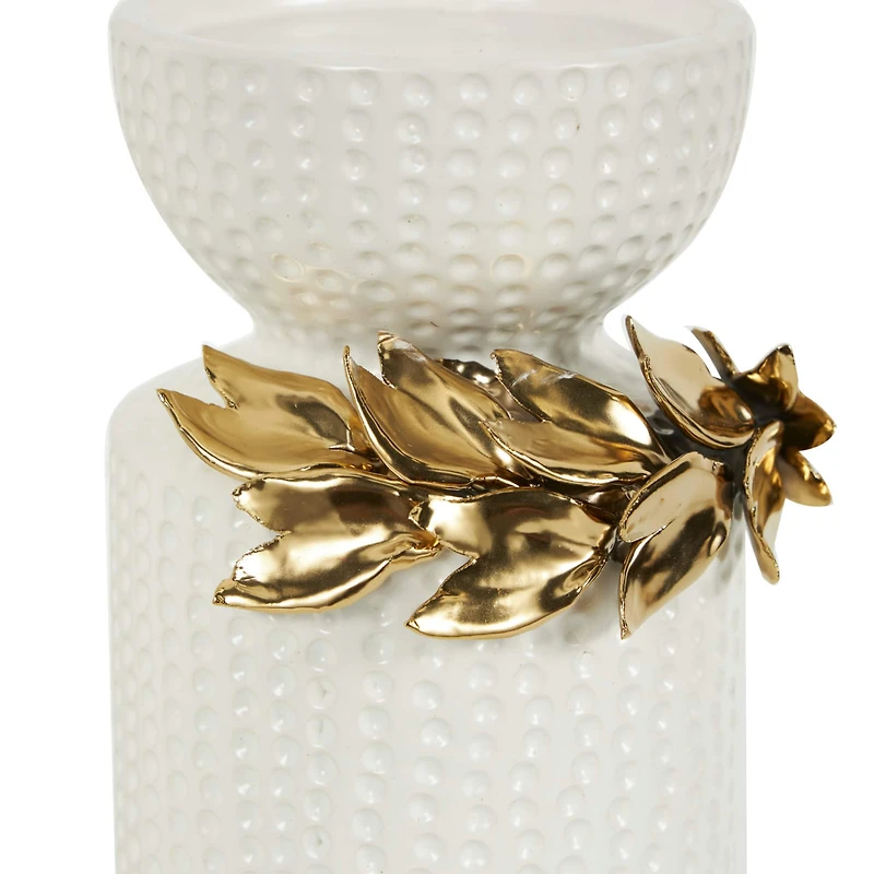 White Abstract Spotted Ceramic Pillar Candle Holder Set with Gold Leaf Accents