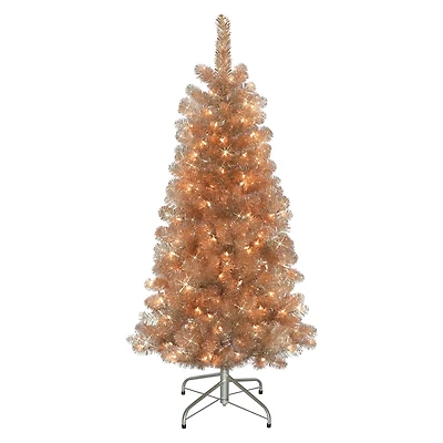 6 Pack: 4.5ft. Pre-Lit Rose Gold Tinsel Artificial Christmas Tree, Clear Lights