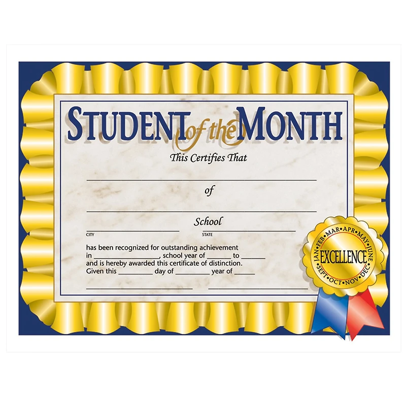 Hayes® Student of the Month Certificate, 3 Packs of 30