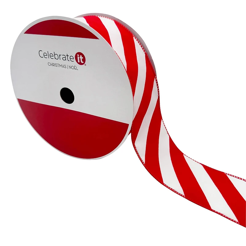 2.5" x 80ft. Red & White Diagonal Stripes Wired Jumbo Ribbon by Celebrate It®