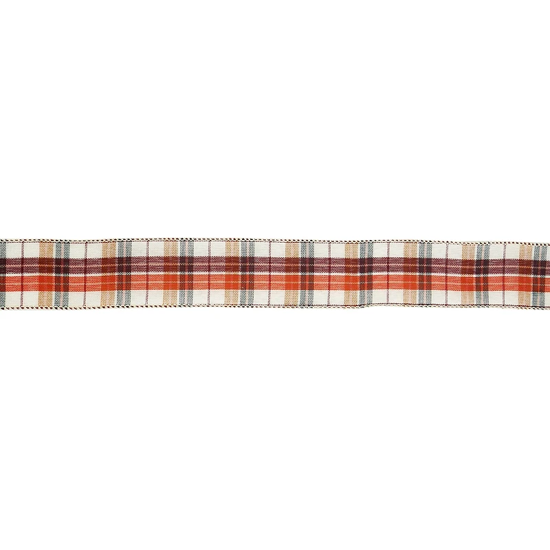 1.5" x 10yd. Orange & White Plaid Faux Linen Wired Ribbon by Celebrate It® 