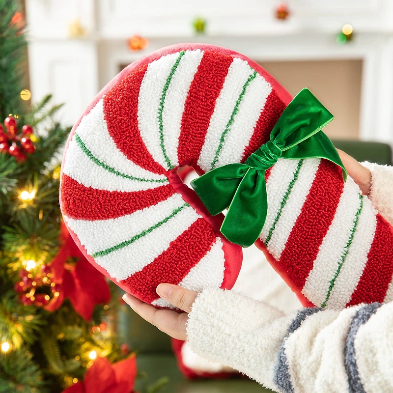 Glitzhome® 15.75" Hooked Christmas Candy Cane Pillow