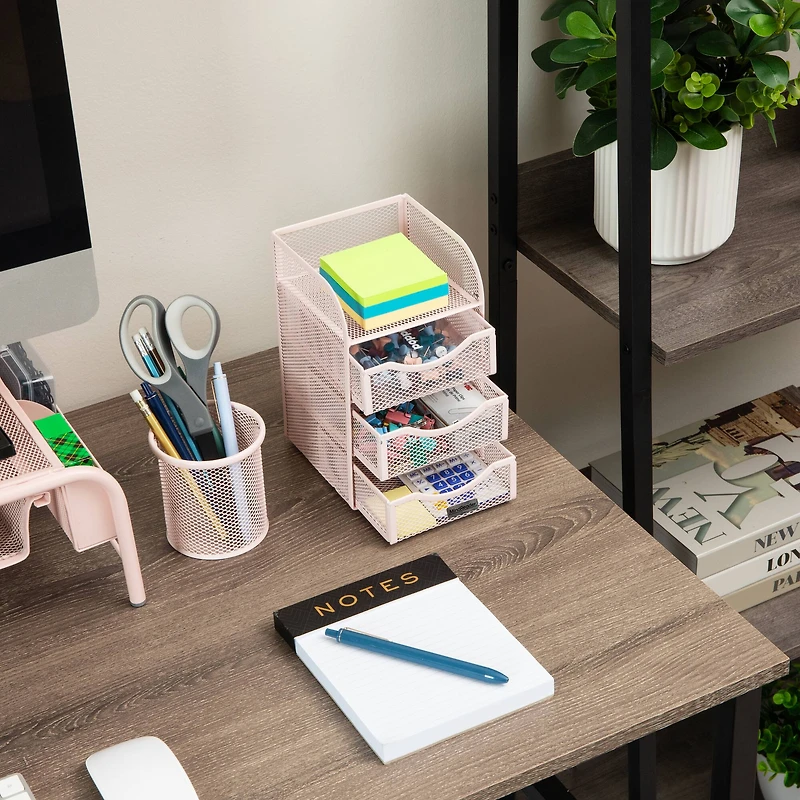 Mind Reader Pink 3 Drawers Mini Desk Office Supplies Organizer