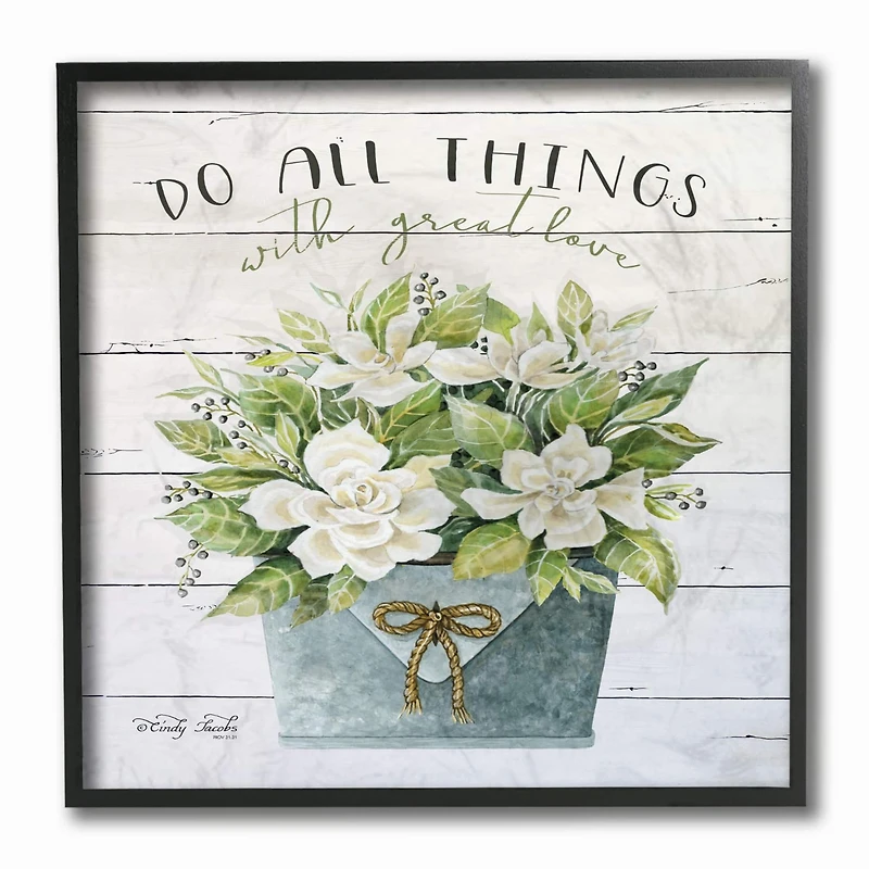 Stupell Industries Do All Things With Great Love Floral Magnolia Pail Planked Look Framed Wall Art
