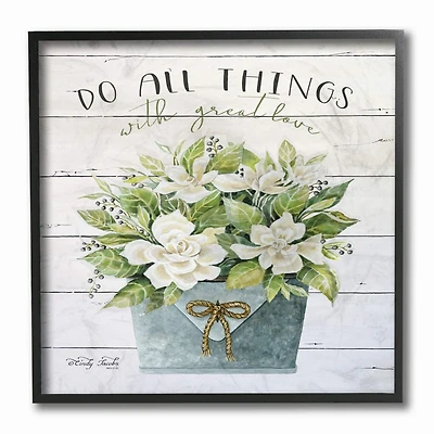 Stupell Industries Do All Things With Great Love Floral Magnolia Pail Planked Look Framed Wall Art