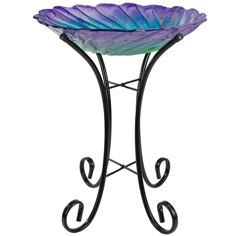 18" Purple & Green Swirled Hand Painted Glass Outdoor Birdbath
