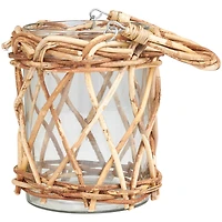 9" Clear Glass Handmade Candle Lantern with Brown Rattan Woven Exterior & Twisted Handle