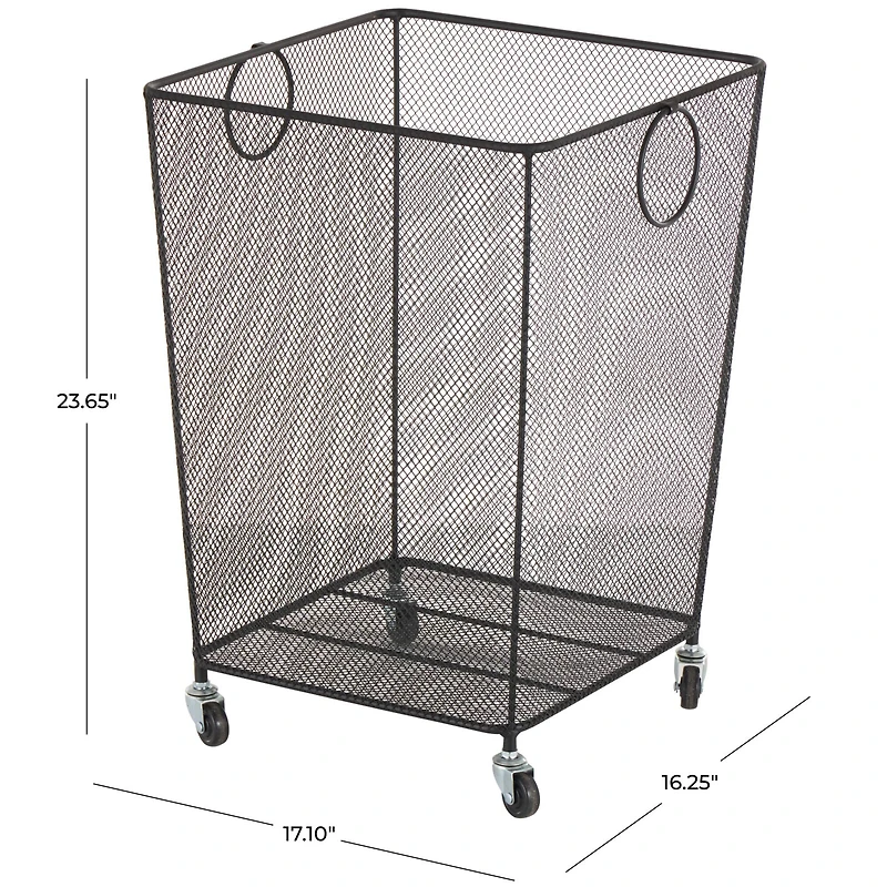 24" Black Metal Square Mesh Wire Rolling Laundry Storage Cart with Ring Handles