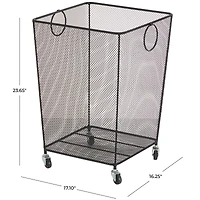 24" Black Metal Square Mesh Wire Rolling Laundry Storage Cart with Ring Handles