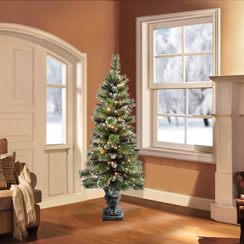 6 Pack: 4ft. Pre-Lit Snowy Artificial Christmas Tree in Decorative Planter, Clear Lights