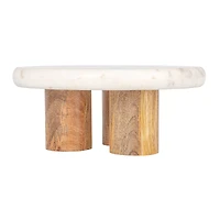 Hello Honey® 15" White Round Elevated Marble & Wood Food Pedestal