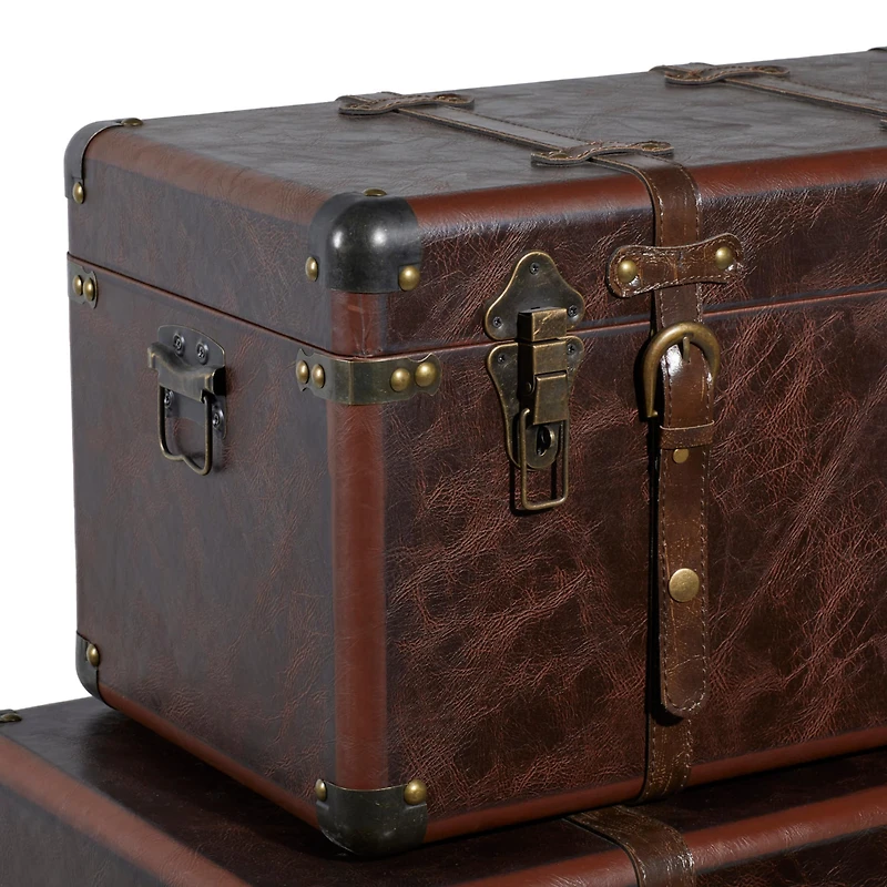 Set of 3" Brown Leather Traditional Trunk, 19", 24", 27"