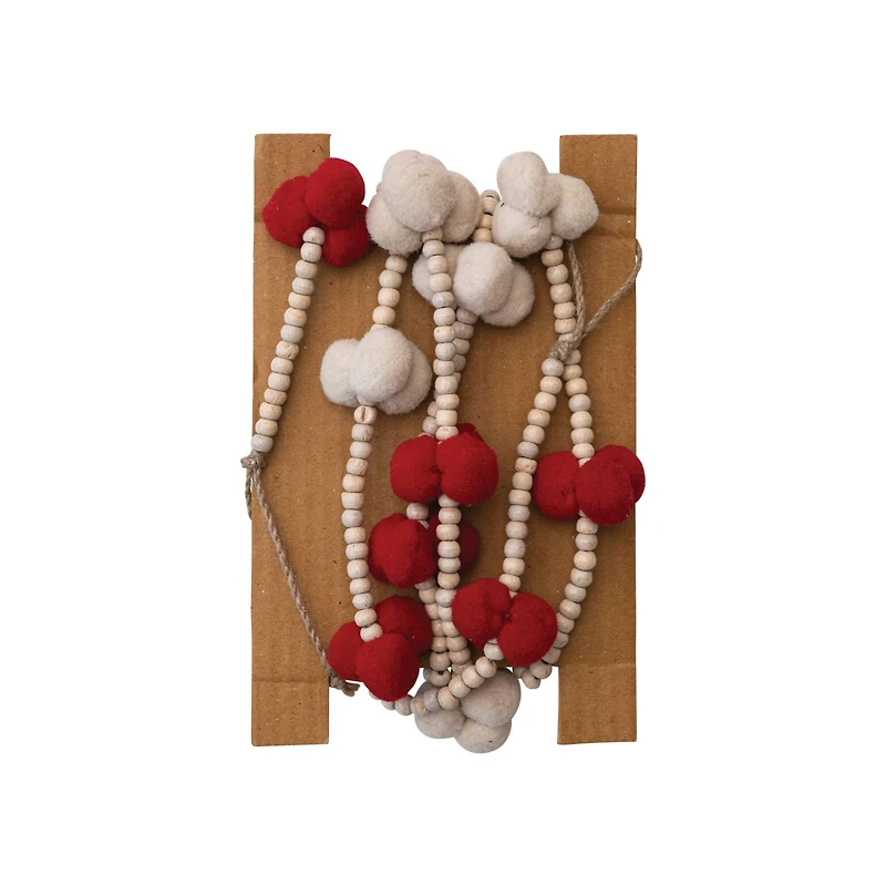 Hello Honey® 6ft. Cream & Red Pom Poms with Wood Beads Garland
