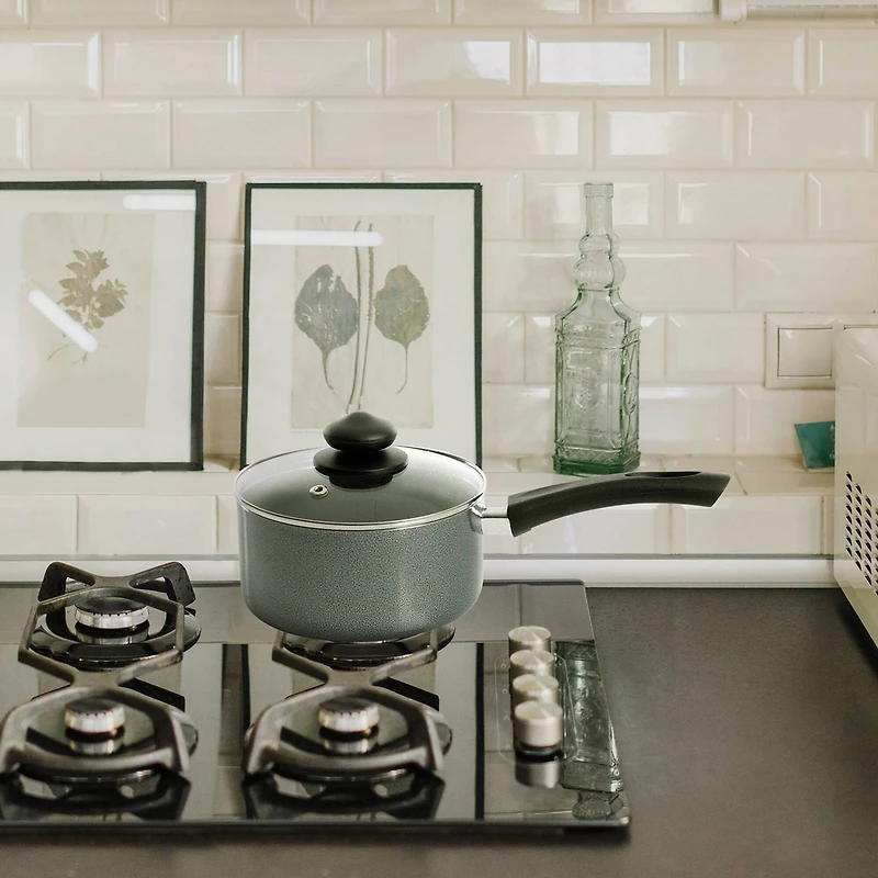 Oster Pallermo Aluminum 1.5qt. Gray Saucepan with Glass Lid