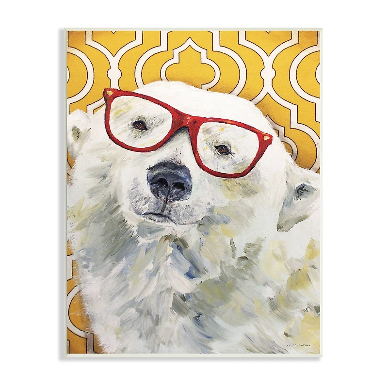 Stupell Industries Polar Bear Red Glasses Bold Yellow Geometric Pattern Wall Plaque