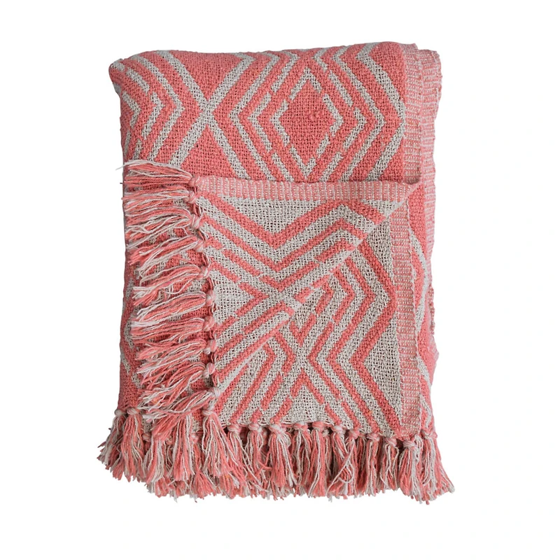 Hello Honey® Pink Geometric Design & Fringe Recycled Cotton Blend Throw Blanket