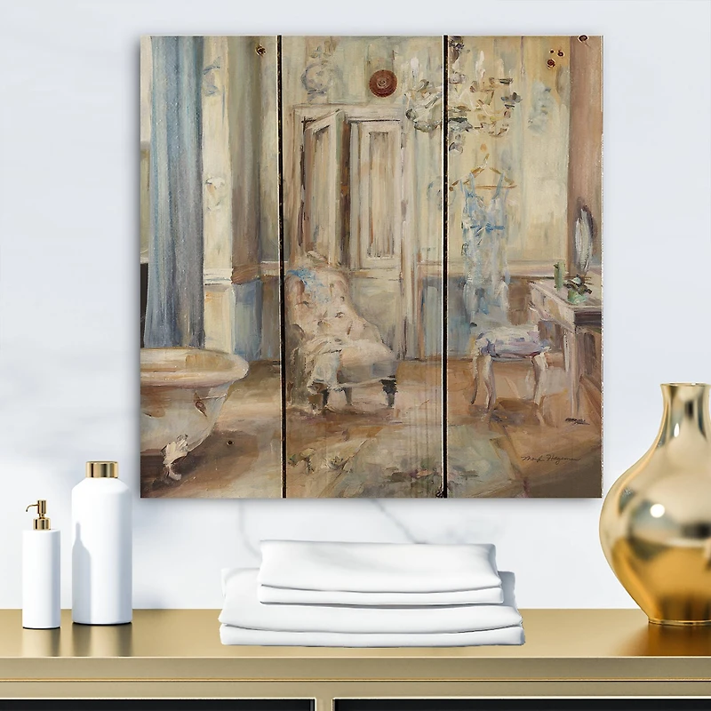 Designart - French Boudoir Bath I - Traditional Bathroom Print on Natural Pine Wood