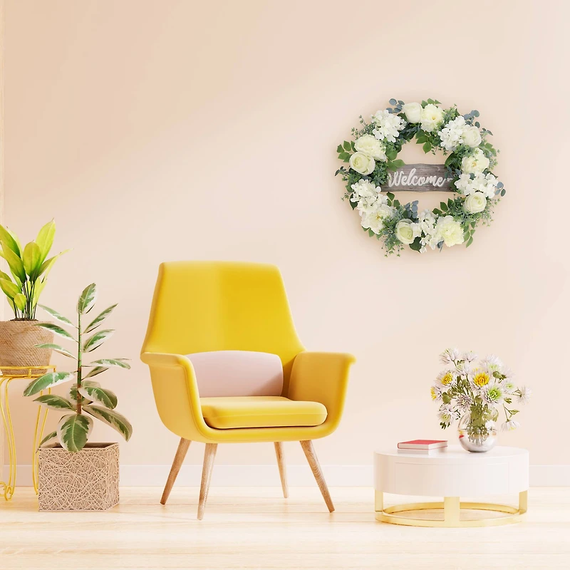 26" Artificial Peony, Hydrangea & Rose Floral Spring Wreath with Wood Welcome Sign