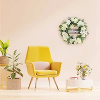 26" Artificial Peony, Hydrangea & Rose Floral Spring Wreath with Wood Welcome Sign