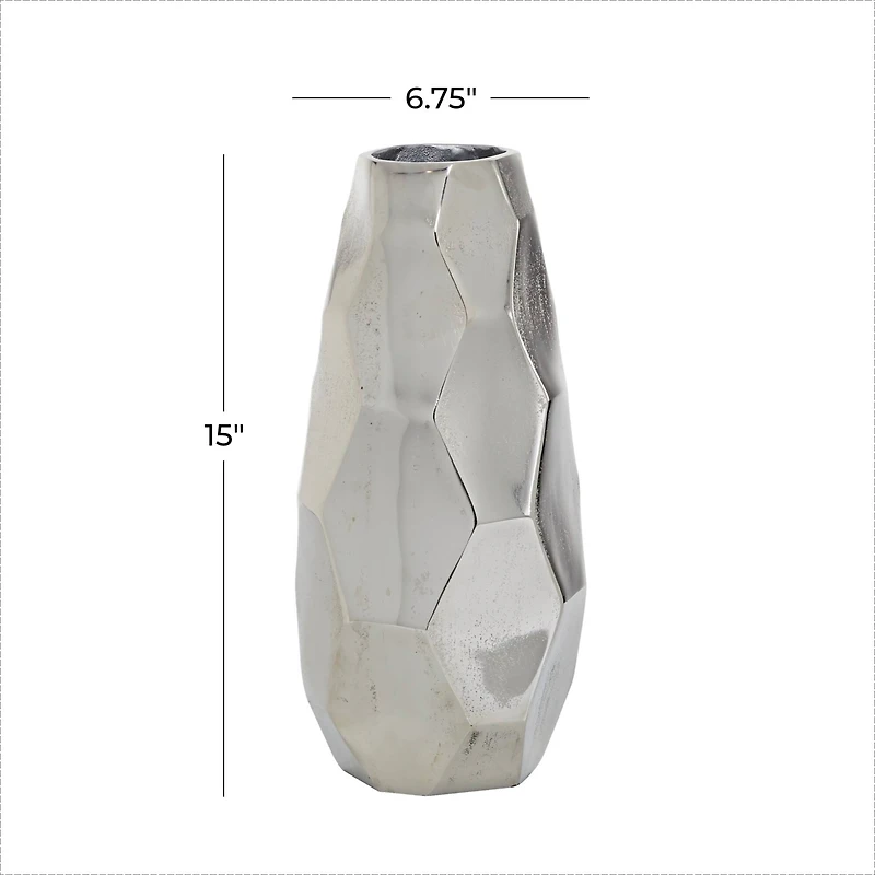 Silver Aluminum Contemporary Vase, 15" x 7" x 7"