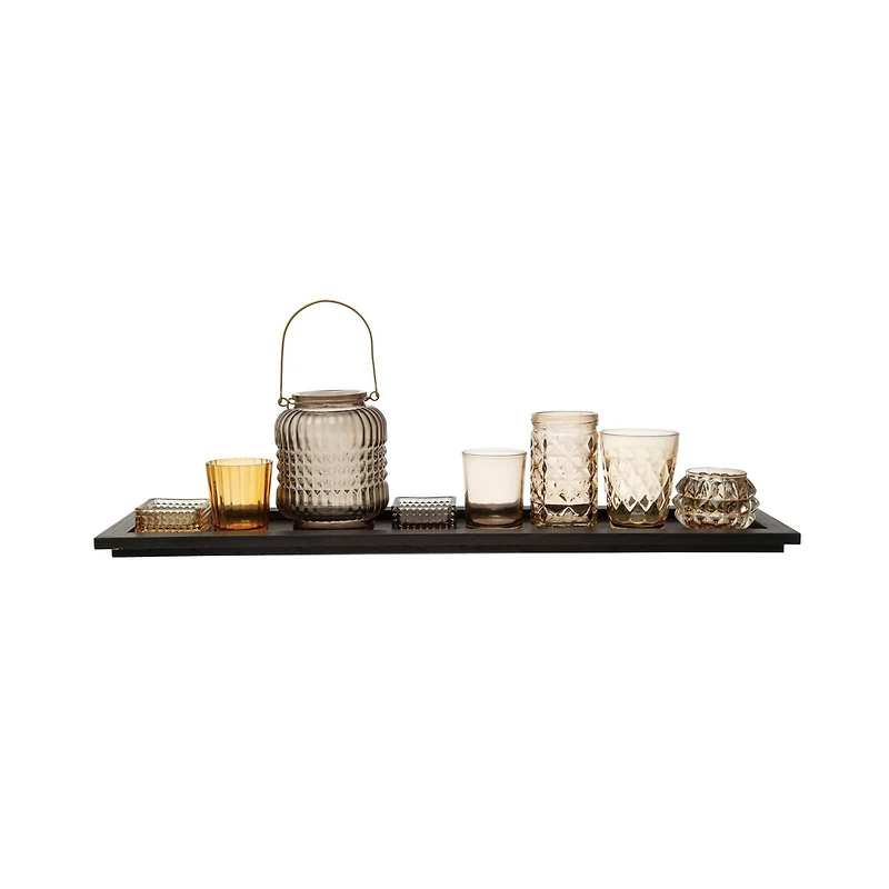 Hello Honey® Embossed Glass Votive Holders with Black Finish Wood Tray Set