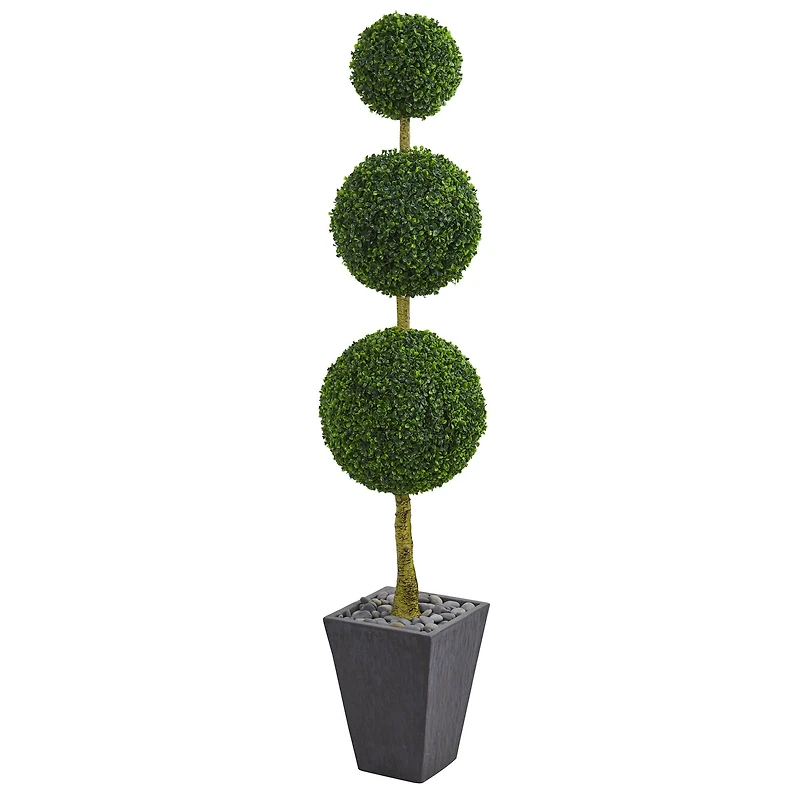 6ft. UV Resistant Artificial Boxwood Triple Ball Topiary Tree in Slate Planter