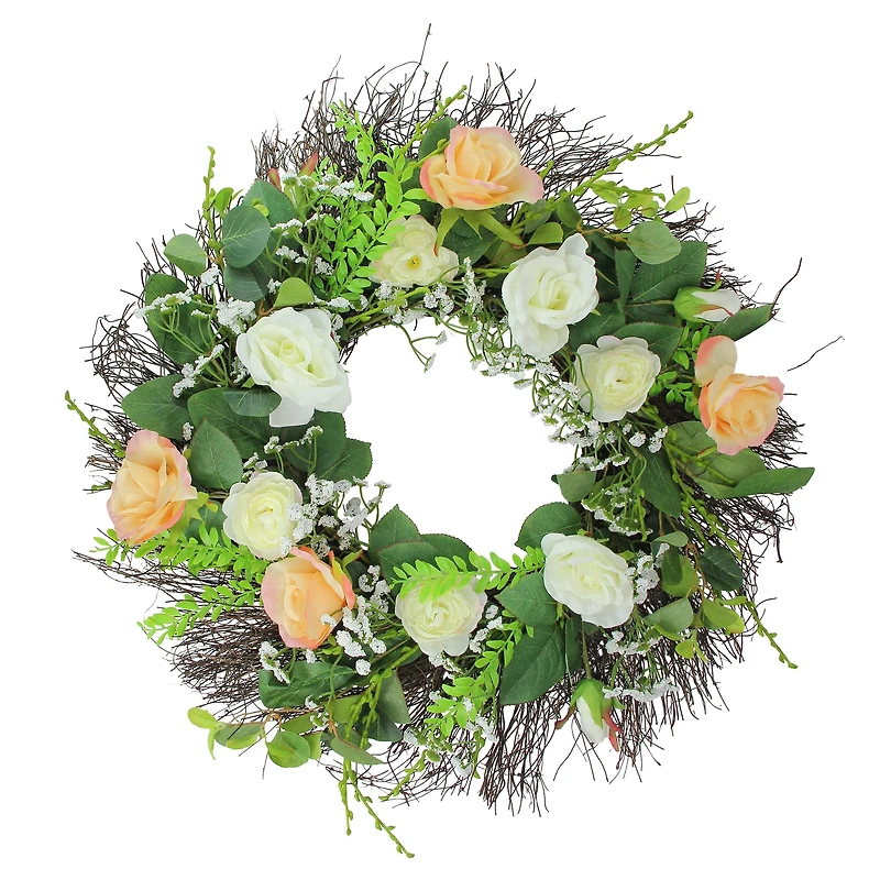 Rose and Foliage Artificial Spring Wreath - 24" Unlit