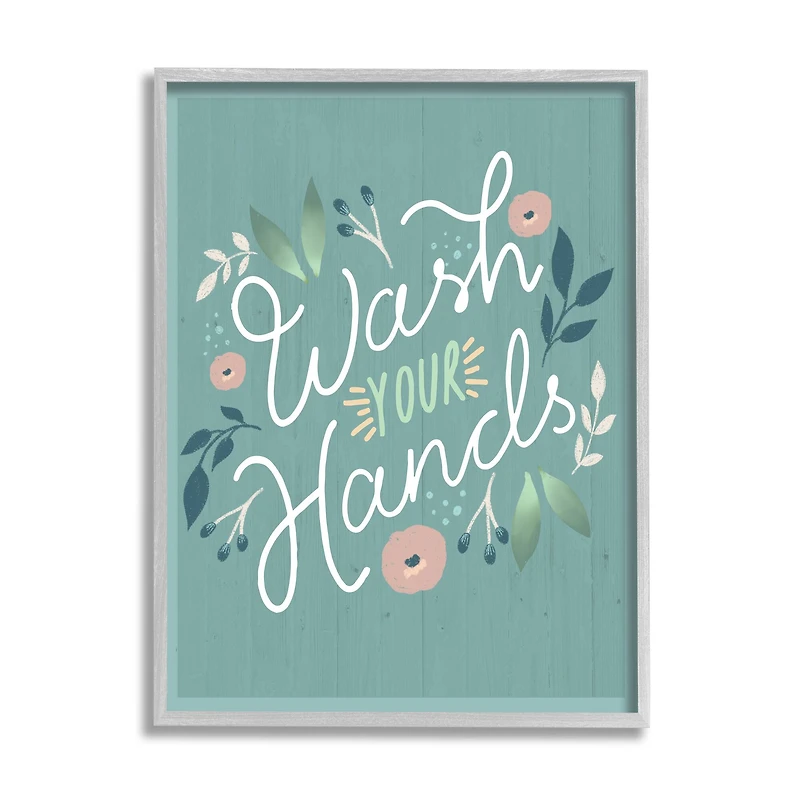 Stupell Industries Wash Your Hands Pink Florals Green Farmhouse Pattern Framed Wall Art