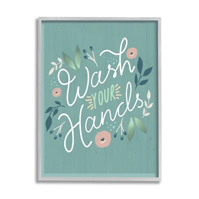Stupell Industries Wash Your Hands Pink Florals Green Farmhouse Pattern Framed Wall Art