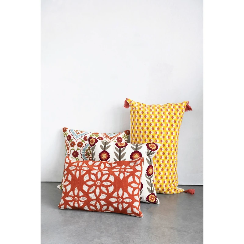 Hello Honey® Floral Pattern Cotton Slub Lumbar Pillow with Tassels