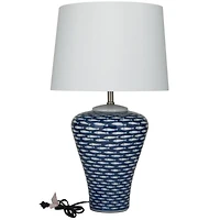 Dark Blue Ceramic Gourd Style Base Fish Table Lamp with Drum Shade 15" x 15" x 29"