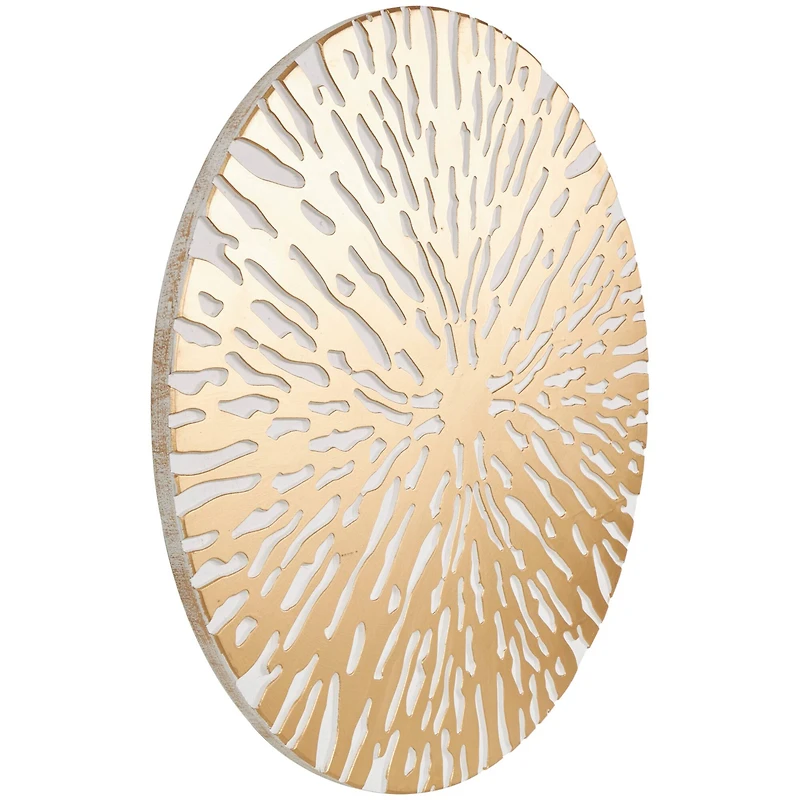36" x 36" Gold Wooden Starburst Abstract Carved Circle Wall Décor with White Backing