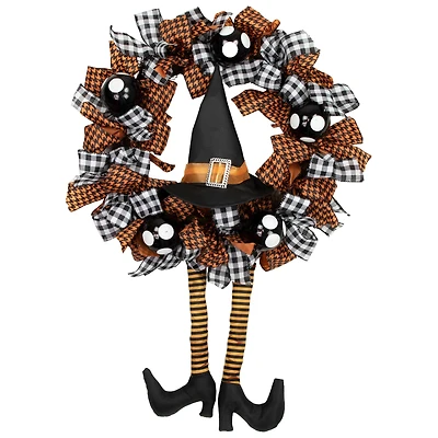 24'' Unlit Orange and Black Witch with Bows Halloween Wreath