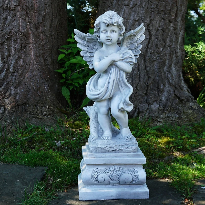28.75" Gray Standing Cherub Angel on Pedestal Outdoor Statue