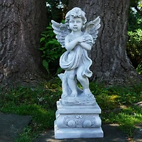 28.75" Gray Standing Cherub Angel on Pedestal Outdoor Statue