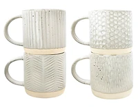 Hello Honey® Cream Debossed Reactive Glaze Stoneware Mug Set