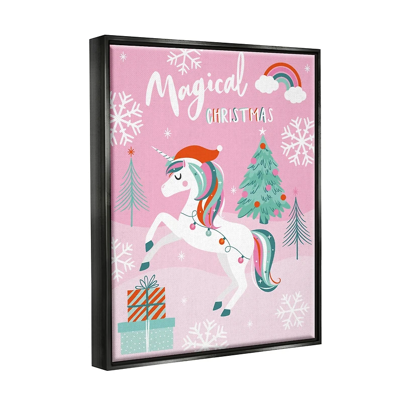 Stupell Industries Magical Christmas Pink Unicorn Framed Floater Canvas Wall Art
