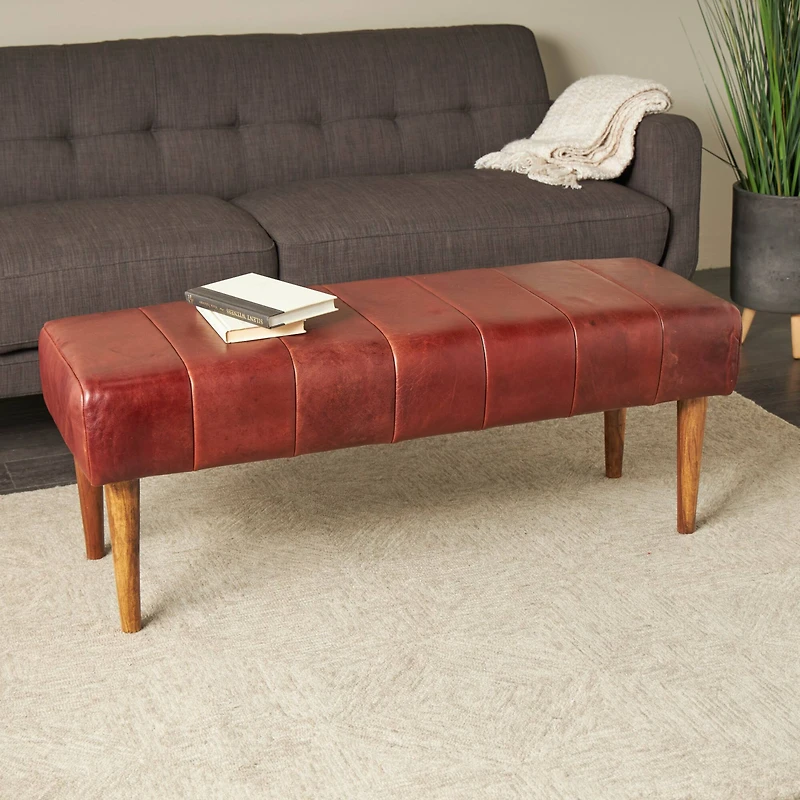 4ft. Brown Leather Upholstered Bench