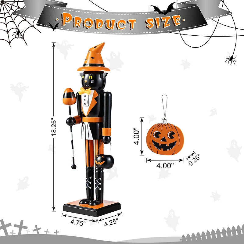 Glitzhome® 18.5"H Halloween Wooden Black Cat Nutcracker with Pumpkin Ornament