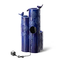 Glitzhome® 31.75" Cobalt Blue 4-Tier Dandelion Texture Vase-Shaped Ceramic Outdoor Fountain with LED Light