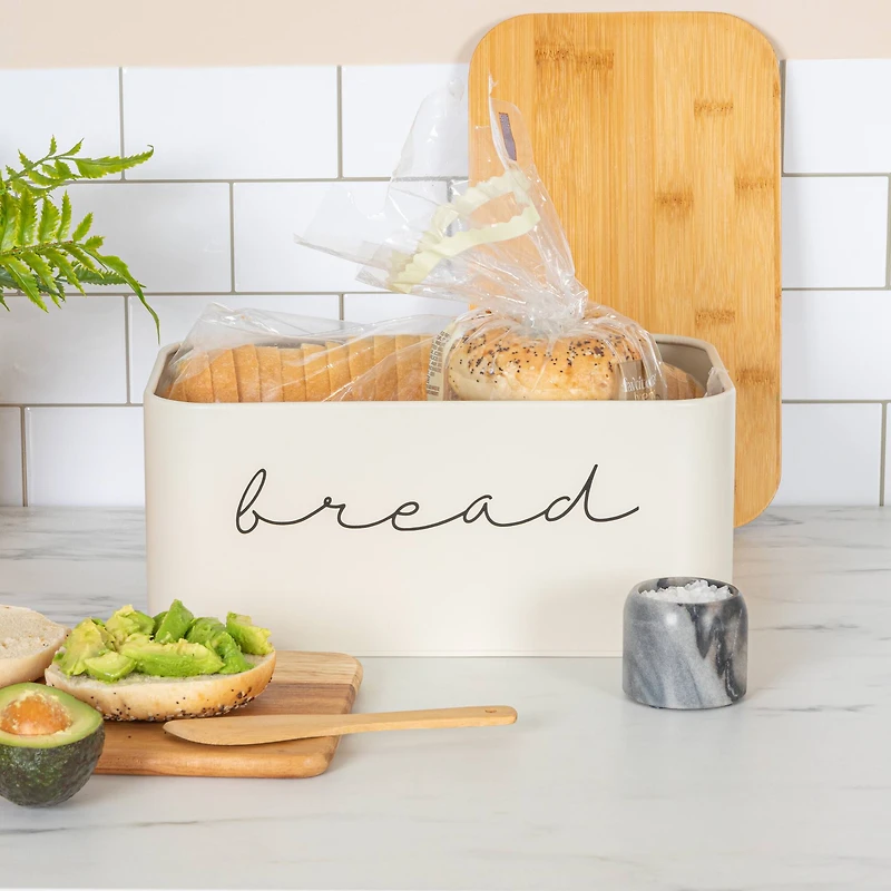 Hello Honey® 11.75" Cream Metal Bread Bin with Bamboo Lid
